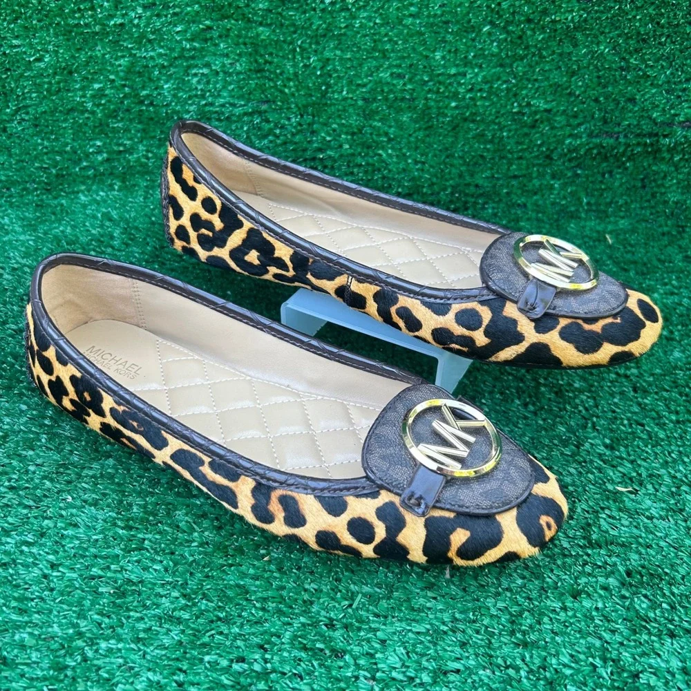 Michael Kors Fulton Leopard Haircalf Ballet Flats MK Logo Medallion Brown 7.5M